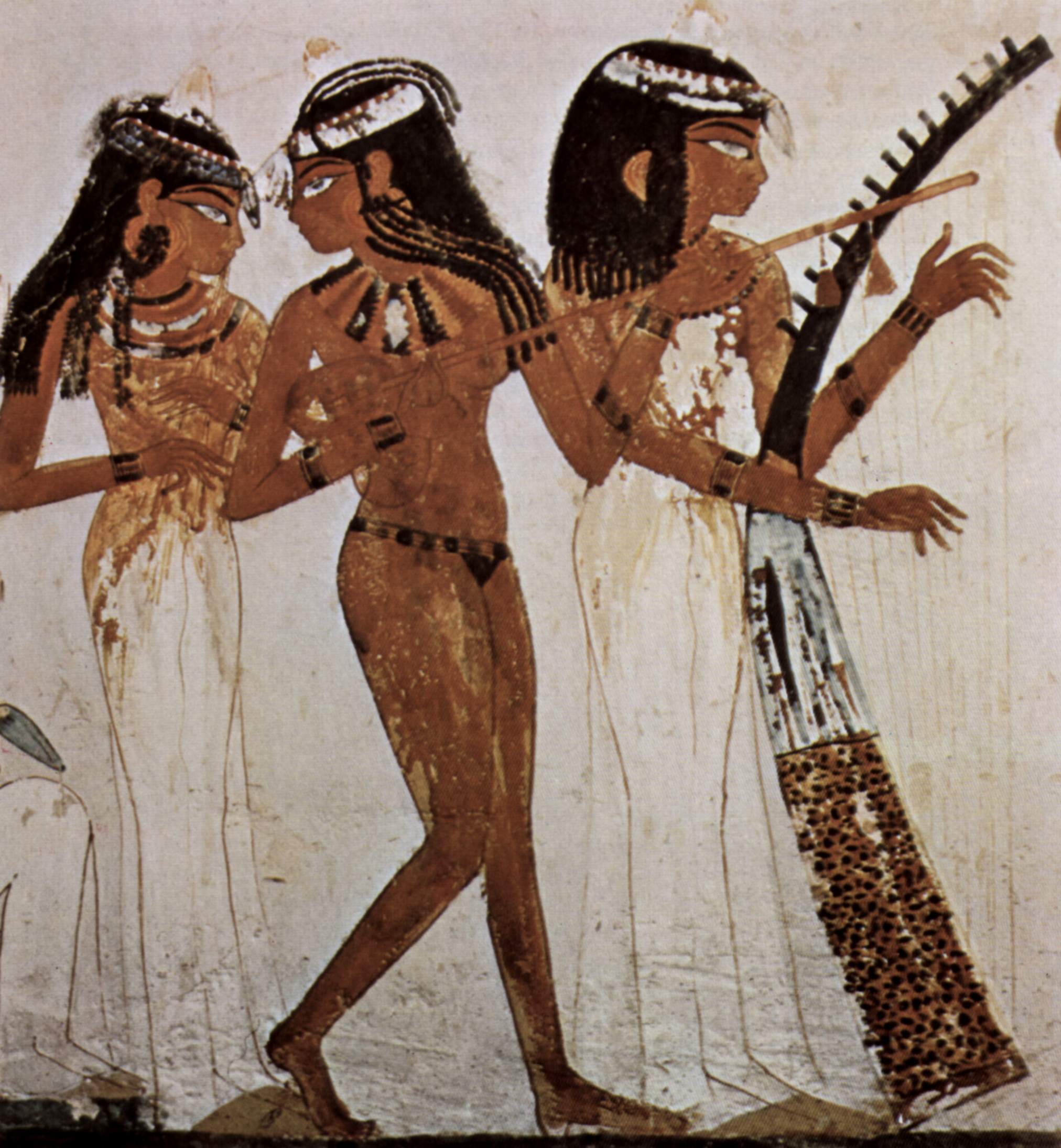 Dettaglio con tre musiciste dalle pitture parietali della tomba di Nakht (TT52), Tebe Ovest, 1400-1350 a.C. circa